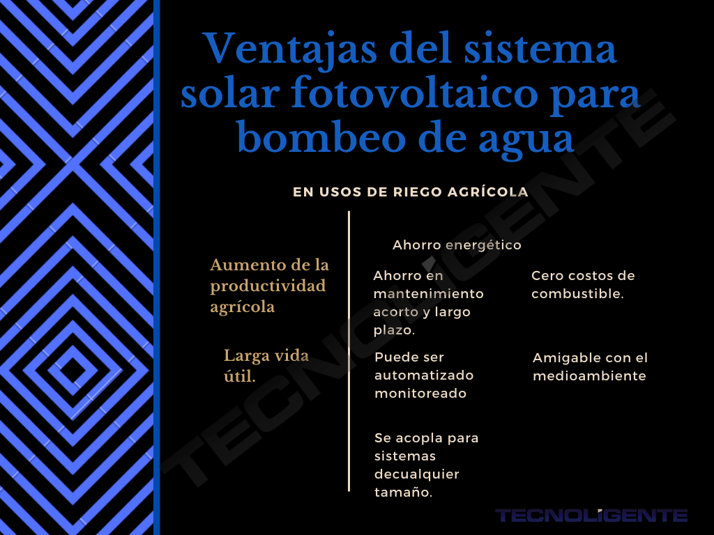 Diapositiva que detalla las ventajas de un sistema solar fotovoltaico para el bombeo de agua agrícola.